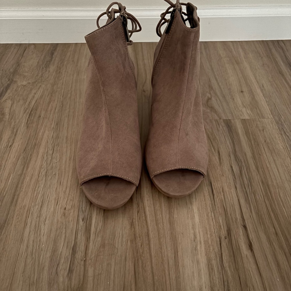 BAMBOO Tan Peep-Toe Ankle Booties - Picture 2 of 5